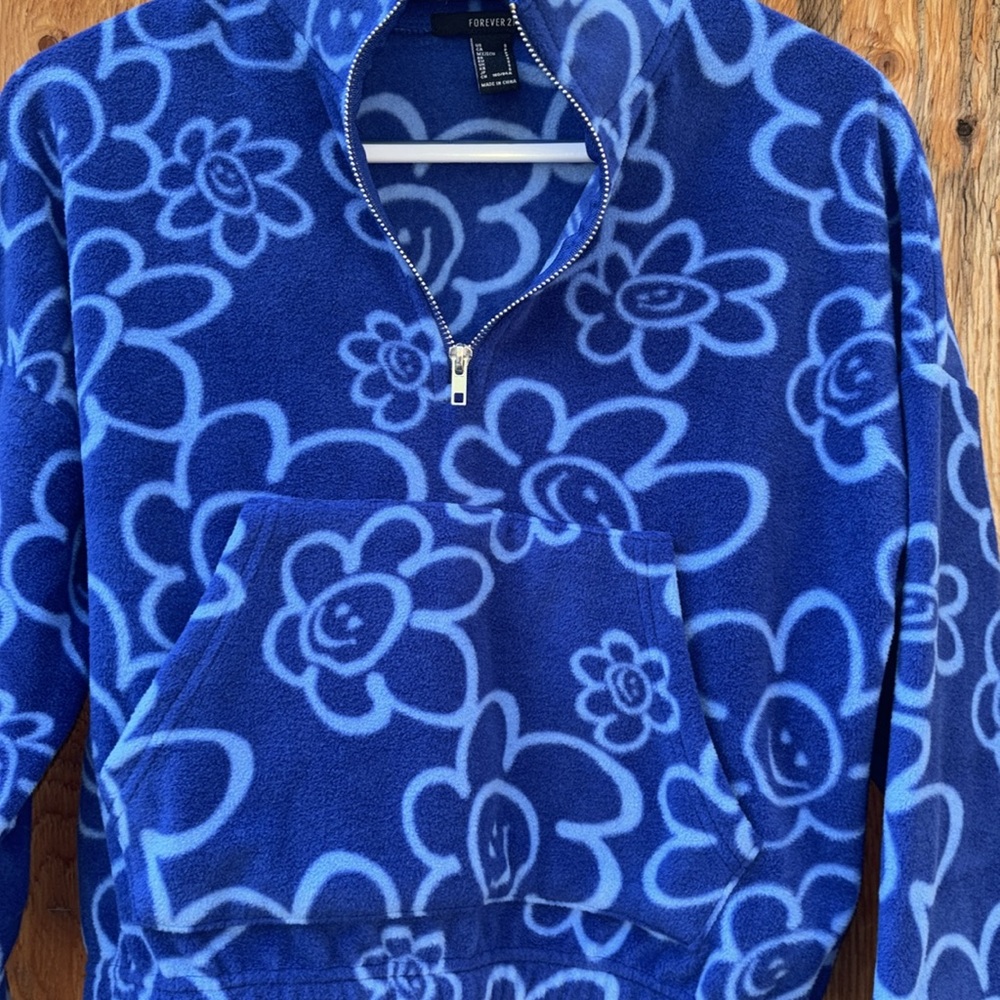 Forever 21 Cropped Half-Zip Floral š Smiley Face Pullover, Size Small - Picture 4 of 15
